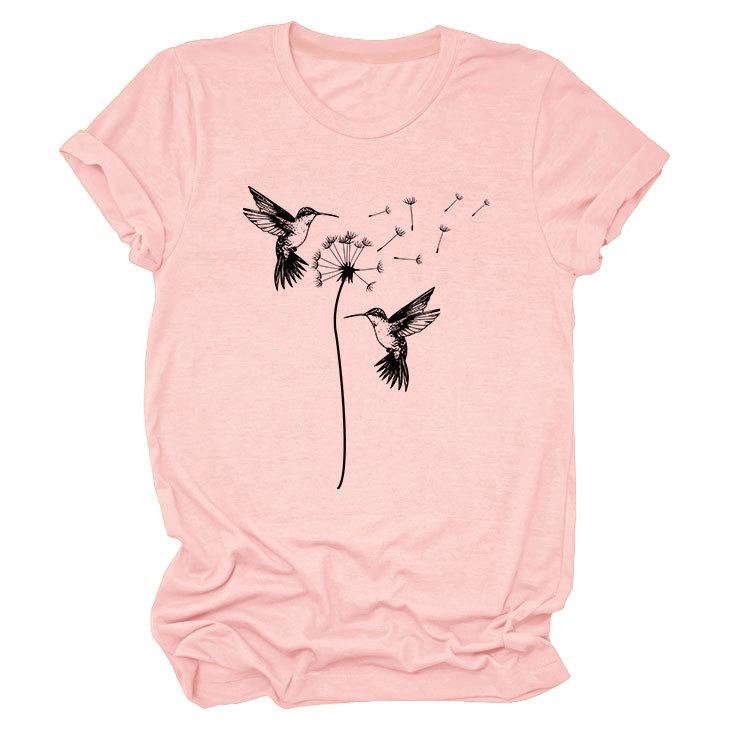 Sommer Rundhals Zwei Vogelmuster Druck Top Modische Lässige Kurzarm Damen T-Shirts