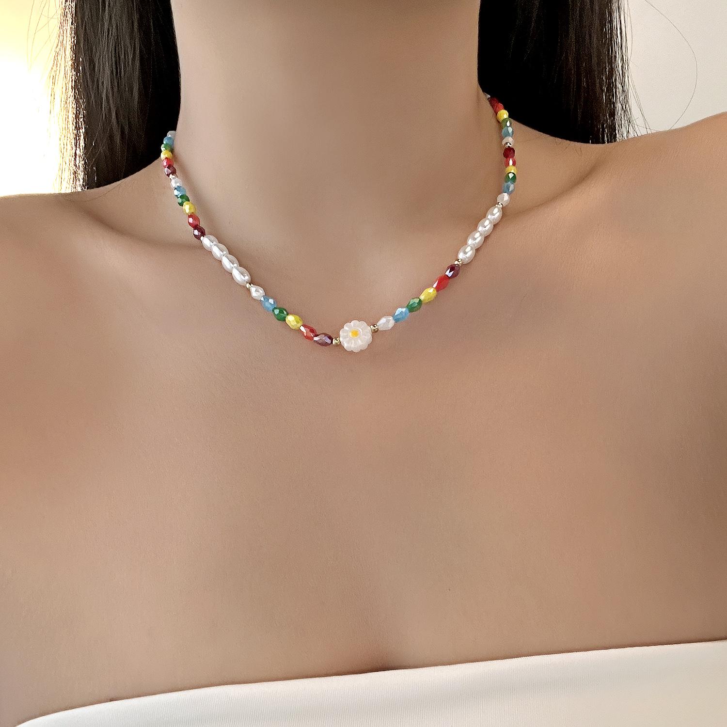 Korean Sweet Lovely Daisy Flower Choker Necklace for Women Handmade Imitation Pearl Beaded Collar Neck Chain Party Jewelry Gifts