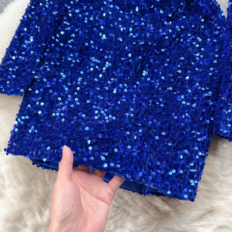Winter Chic Sequin New One Piece Dress V-neck Long Sleeve Sexy Club Dresses Female Korean Fashion Vintage Evening Party Dress 2024