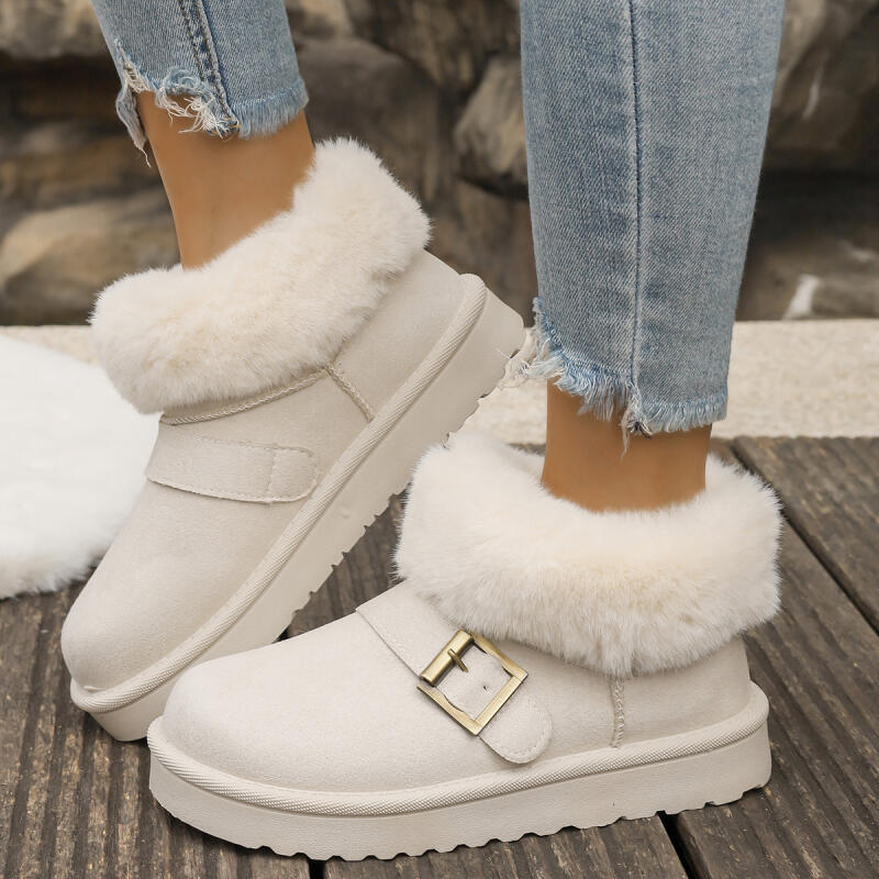 Fashion Metal Belt Buckle Fashion Snow Boots Women 2025 Winter Luxury Faux Fur Ankle Boots Warm Short Plush Non Slip Brand Shoes Woman