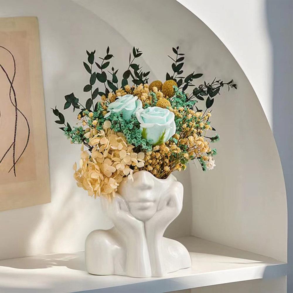 Face Shape Makeup Brush Holder Modern Nordic Flower Vases Makeup Storage Box Half Face Portrait Decor For Home Office Book Shelf