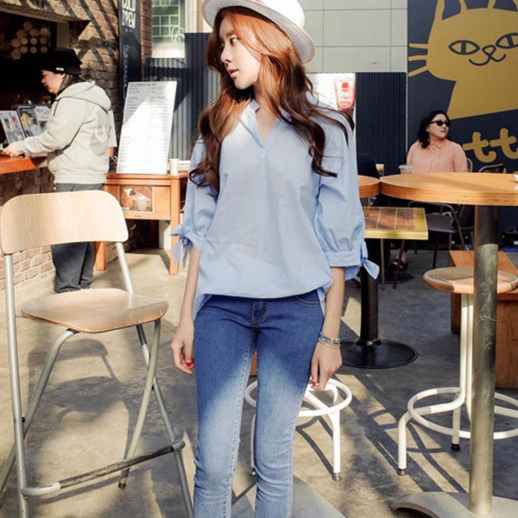 

Женские топы в полоску с бантом, рубашка с v-образным вырезом, блузка с половиной рукавов S синий