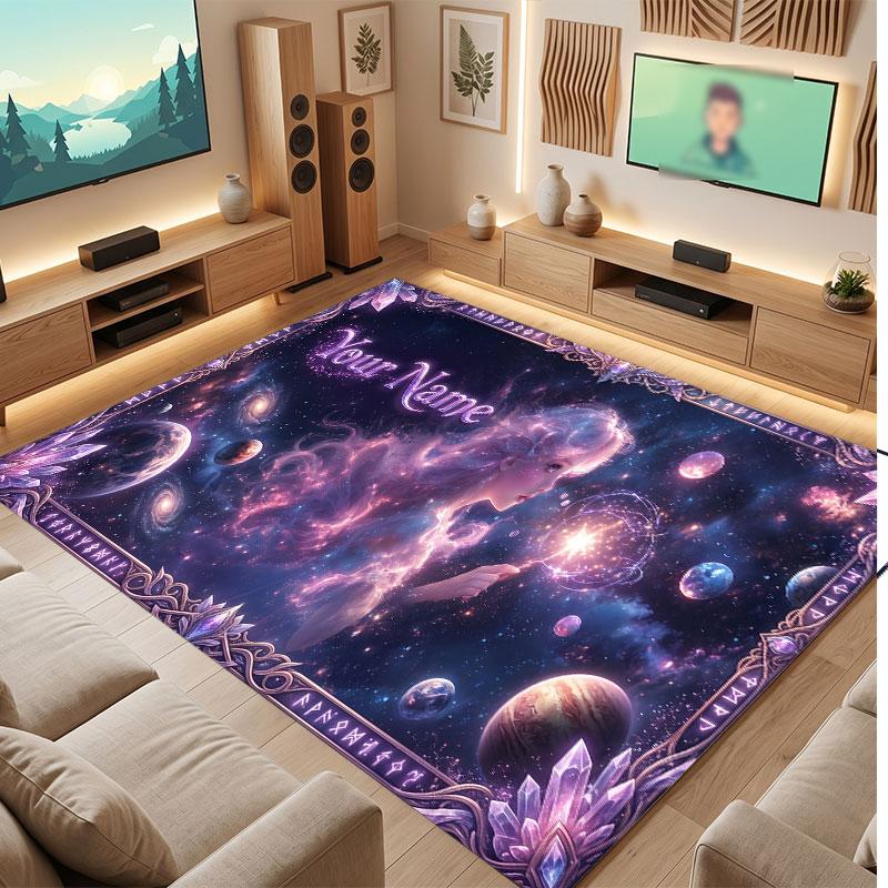 Space Cosmic Theme Crystal Velvet Floor Rug Personalized Custom Name Text Warm Carpet Home Decoration