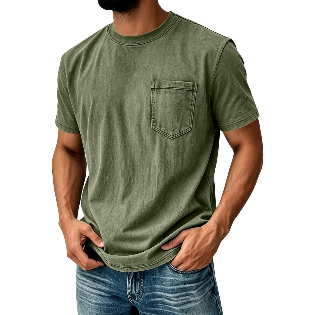 Men Vintage Washed Short Sleeve T Shirt Crew Neck with Chest Pocket Casual Loose Fit Soft Fabric Classic Style