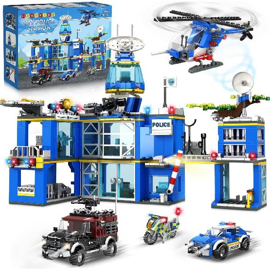 HOGOKIDS City Police Station Building Set - 1260 PCS Police Building Block Toys with Helicopter Motorcycle Police Vehicle Bandit Car, STEM Police