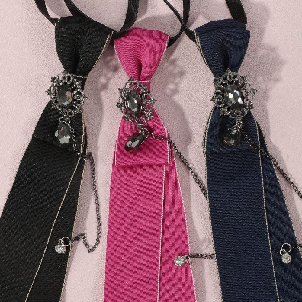 Clothing Decoration Crystal Bow Tie Choker Geometric Pre-tied Tie Long Necklace Metal Chain Brooch Students