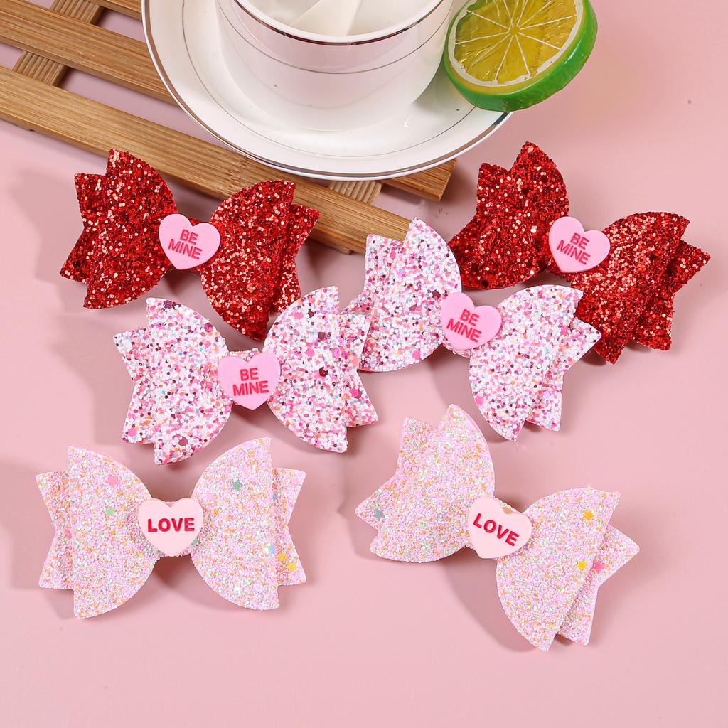6pcs Glitter Heart Hair Bows for Girls Valentine's Day Letter Bows Heart Hair Clips Barrettes for Kids Party Hair Accessories