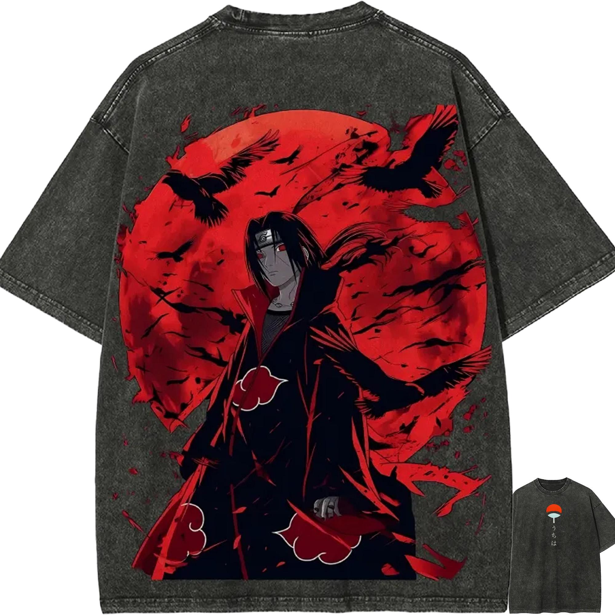 Itachi Uchiha T Shirt Naruto Men Acid Wash Anime Manga Graphic Cotton Streetwear Akatsuki Red Moon Crow Vintage Tee Top M