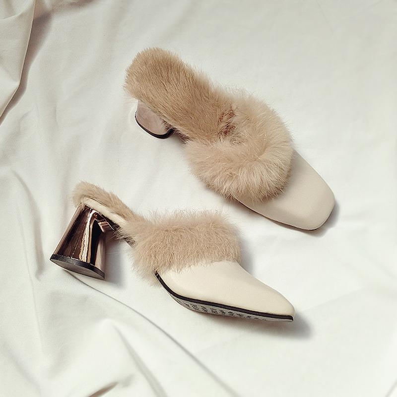 Fashion Autumn Winter Retro Square Toe Mules Women Warm Plush Fur Slippers Metal Thick Heel Slip On Flip Flops Comfort Furry Hair Slides