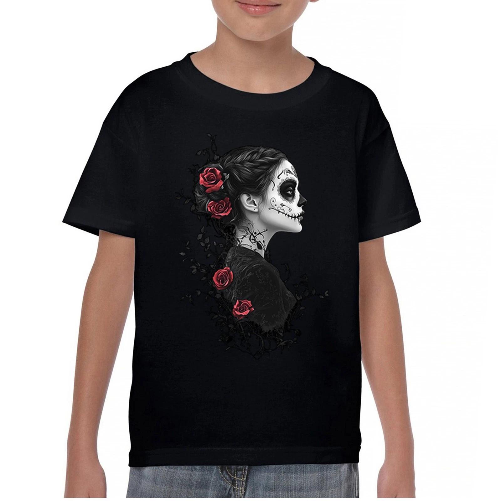 Gothic Sugar Skull Roses Youth kids boys T-Shirt Day of Dead Dark Elegance Skeleton Kids 130
