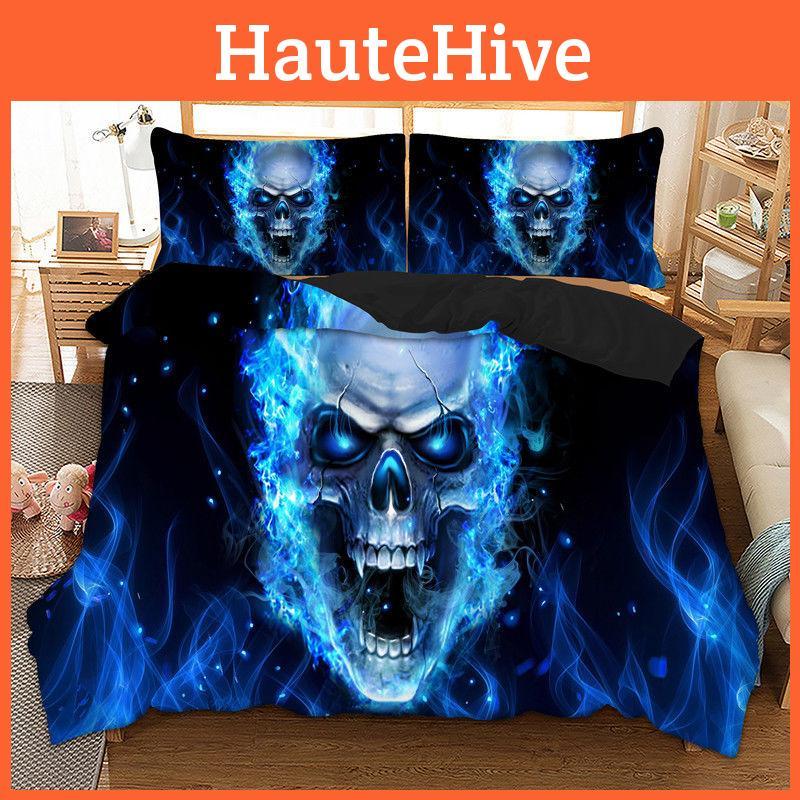 Premium 3d Blue Fire Skull Duvet Cover Pillow Cases Quilt Cover Bedding Set For All Sizes