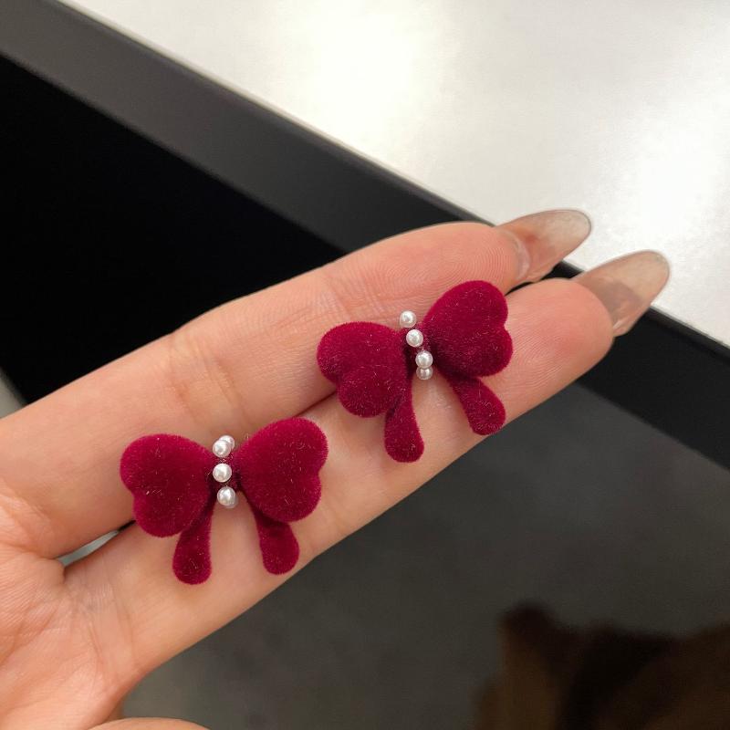 Cute Red Bow Flocking Earrings Simple Elegant Exquisite Sweet Festive Earrings Ear Studs Jewelry Accessories New Year Gifts