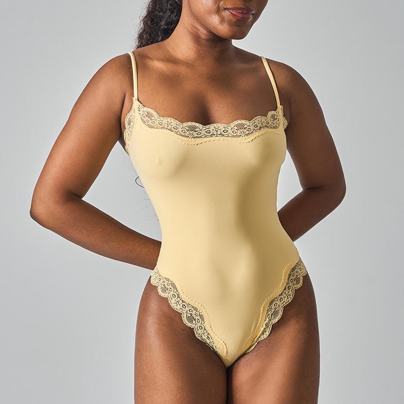 Sensual Lace Trim Bodysuit: Skin-Friendly Nude Innerwear, Double-Layer Shaping, European & American Style