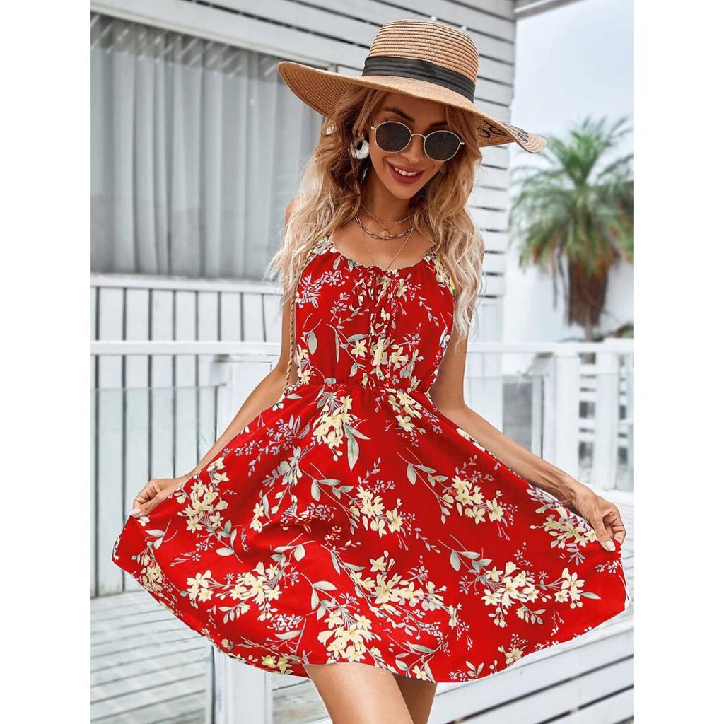 Summer New Style, Elegant, Sleeveless, Dress, Pullover, Printed, Elastic Waist, Camisole Short Skirt, Women's