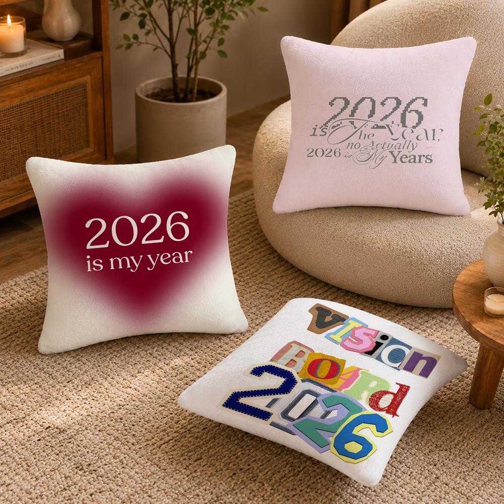 2026 Happy New Years Cushion Cover Anti-dustmite Pillowcase Invisible Zipper Silky Short Plush Sofa Cushion Cover