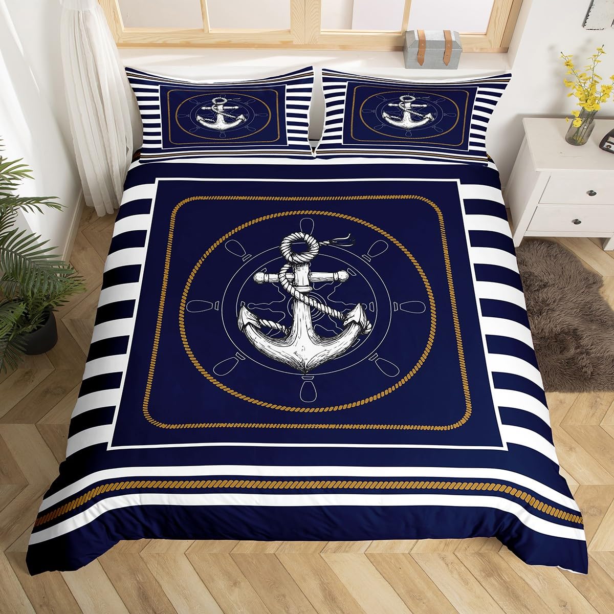 

Nautical Compass Duvet Cover Queen Full,Navy Blue Geometric Grid Bedding Set Vintage Coastal Ocean Sailing Theme Comforter Cover EU Single(135x200cm)