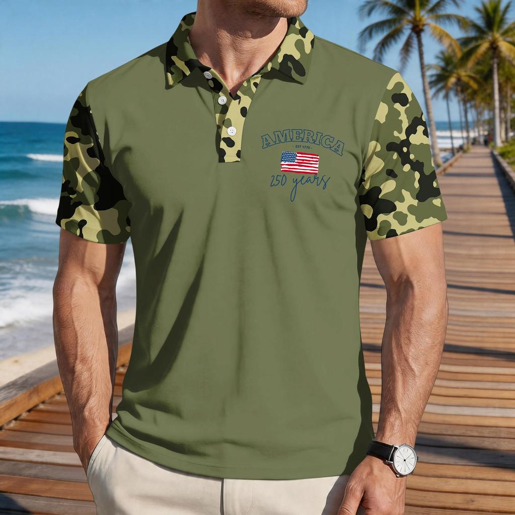 Men's Loose Fit Casual Polo Shirt Short Sleeve Flag Print Button Down Collar Lightweight Breathable Fabric Summer Top