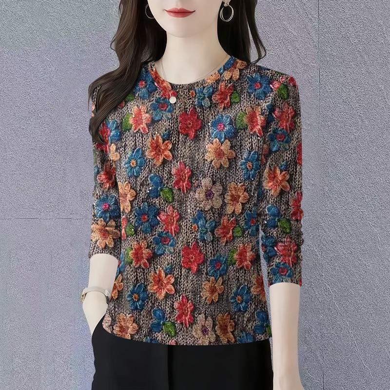 

2025 Spring/Autumn Long-Sleeve Round Neck Slimming T-shirt for Moms L (85-105 jin)