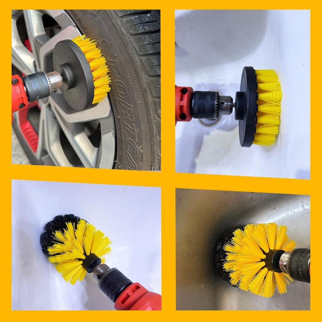 4-Piece Yellow Electric Drill Brush Set for Kitchen, Bathroom, Glass, and Car Cleaning