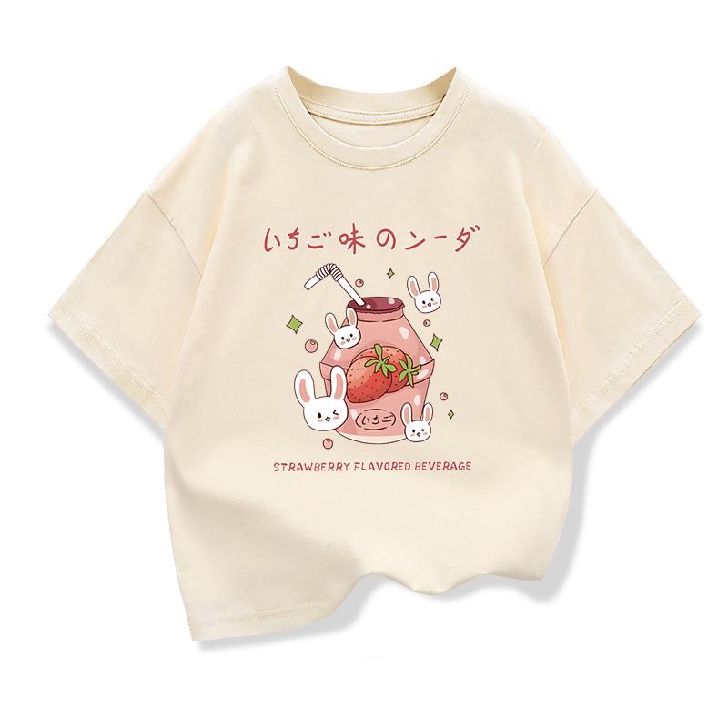 2026 Summer Children's Clothing Girls' Strawberry-Flavored Drink Casual T-Shirt Children's Short-Sleeve Printed Top