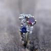 Bague Fleur Feuille Zircon Rouge et Bleu Élégante pour Femmes