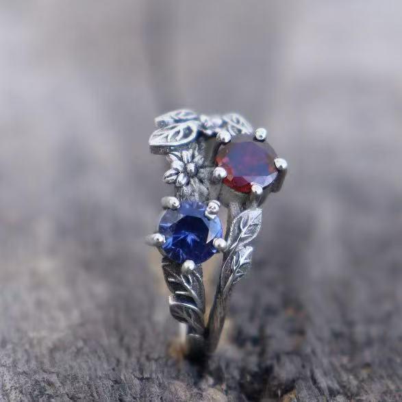 Bague Fleur Feuille Zircon Rouge et Bleu Élégante pour Femmes