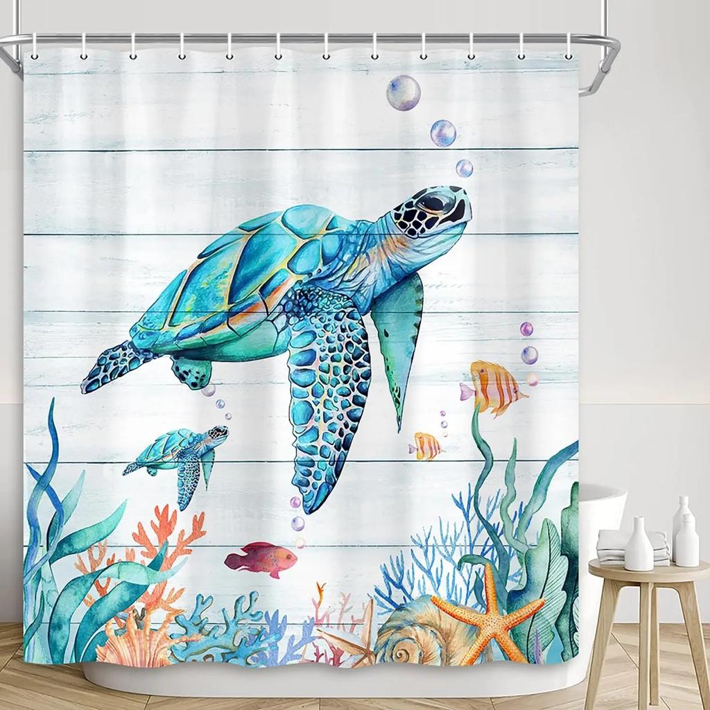 Blue Sea Turtle Shower Curtain Funny Ocean Animal Starfish Coral Tropical Fish Underwater Marine Life Curtains Bathroom Decor