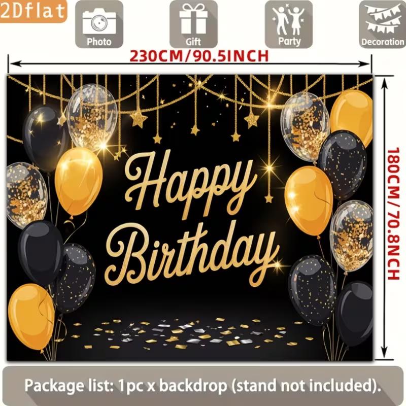 2D Black Gold Balloon Happy Birthday Backdrop Banner Photo Booth Background