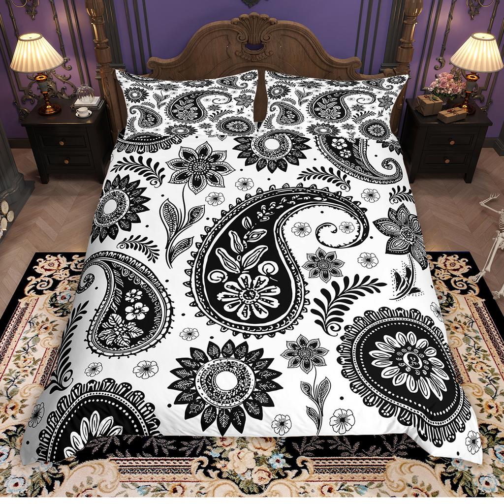 Homewish Western Bohemian Sada povlaku na přikrývku 2ks/3ks, Sada povlaku na přikrývku s paisley damaškovým vzorem, Hippie Vintage ložní souprava