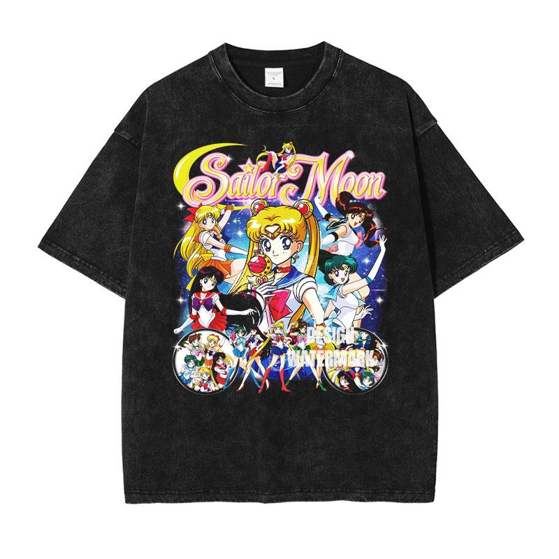Tsukino Usagi T Shirts Vintage Washed Anime SSailor MMoon Oversized Tshirts Manga Chibiusa Short Sleeve Girl Tops Tees Women