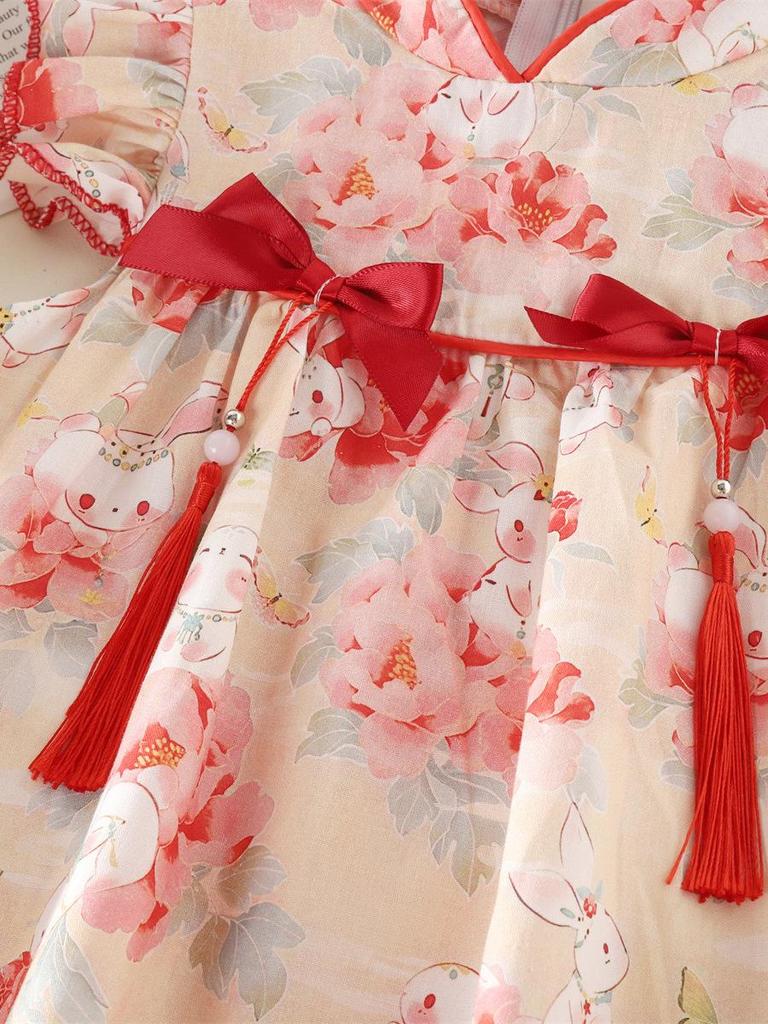 Baby Girl Summer Cheongsam Dress - Cartoon Rabbit & Floral Print