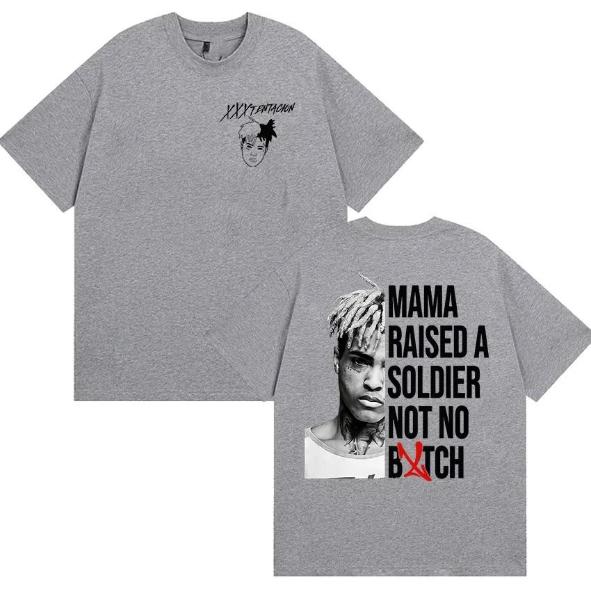 XXXTentacion Portrait "Mama Raised A Soldier" Quote Graphic Double Sided Oversized Streetwear Hip Hop Rap Fan Merch T-Shirt Top for Rap Enthusiasts