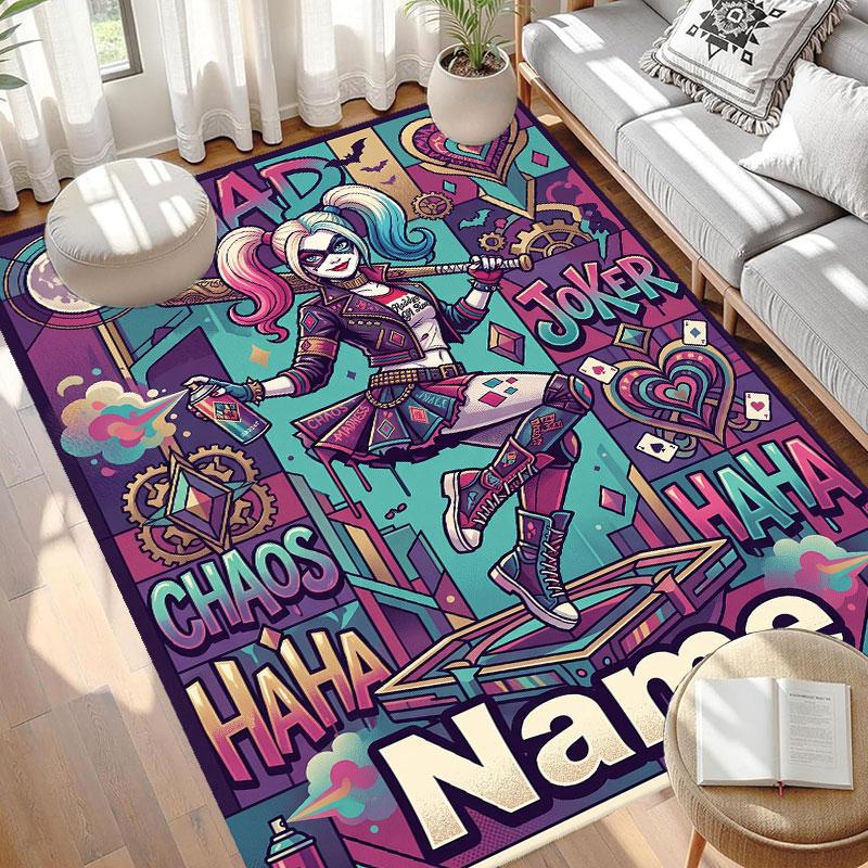 Custom Name Personalized Harley Quinn Print Carpet, Versatile Home Decor Rug, for Playroom, Apartment, Balcony, Entryway, Hallway Gift