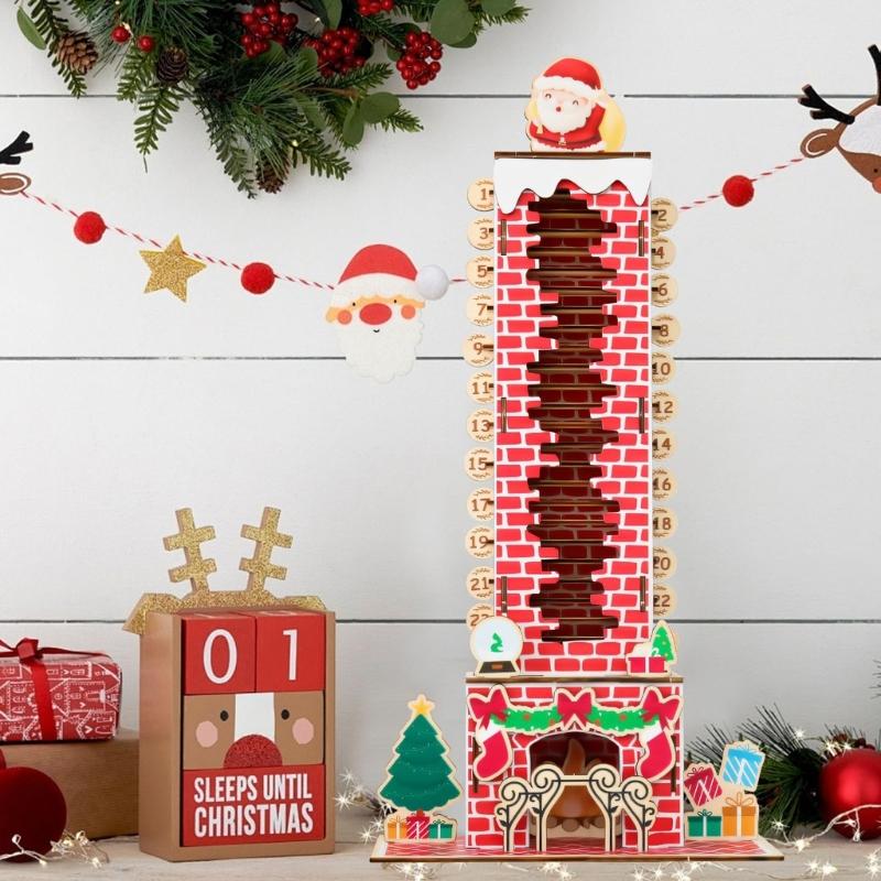 Christmas Countdown Calendar With Santa Descending Chimney Design Wooden Hanging Ornament For Family Festival Decorations