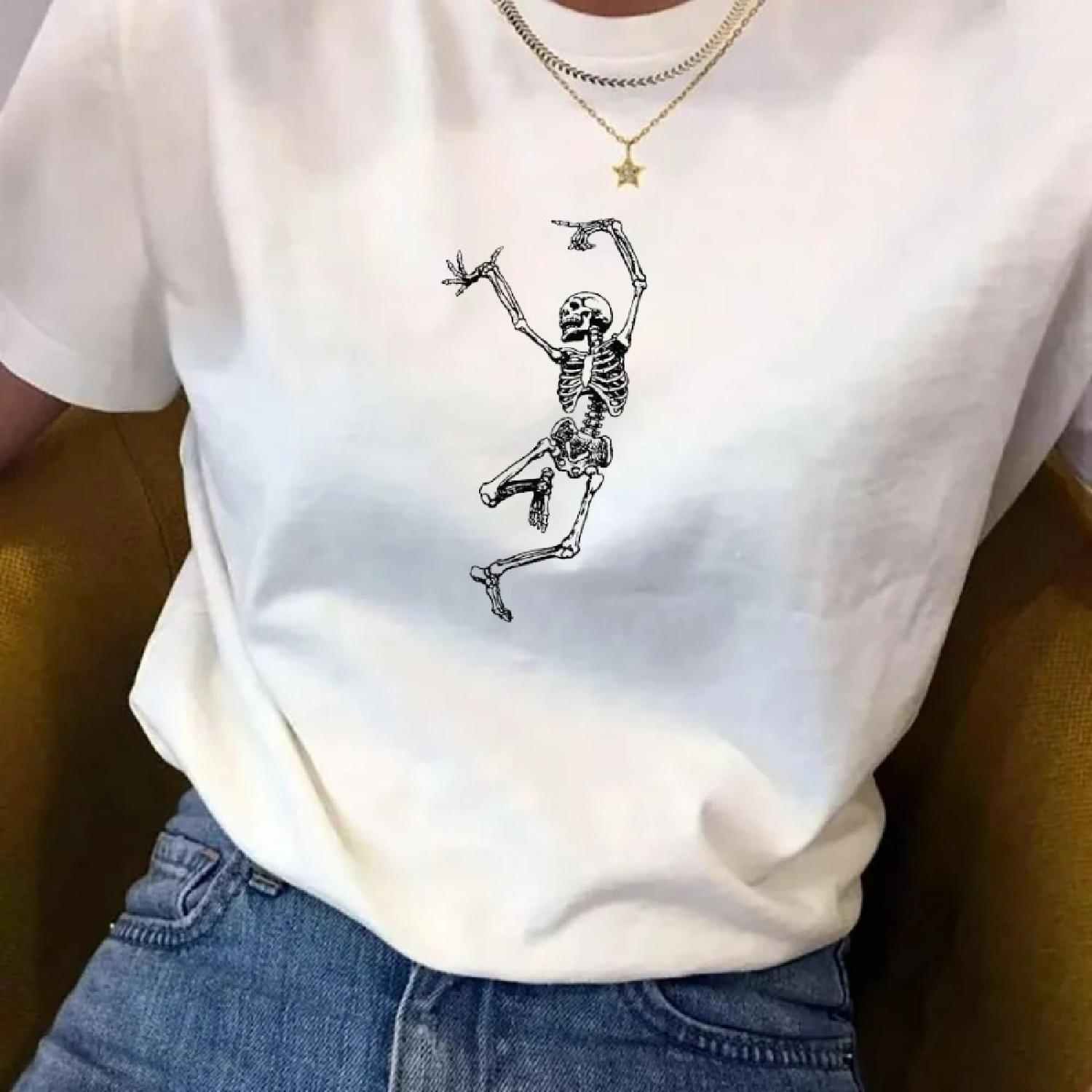 

Skeleton Dance Graphic Women Men T-Shirt Summer Fashion Bohemian Vinatge Gothic Tee Short Sleeves Female Funny Halloween Top XXXXXL білий