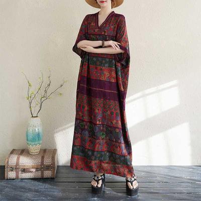 Summer Color Travel V-neck Retro Long Skirt Cotton Linen Dress