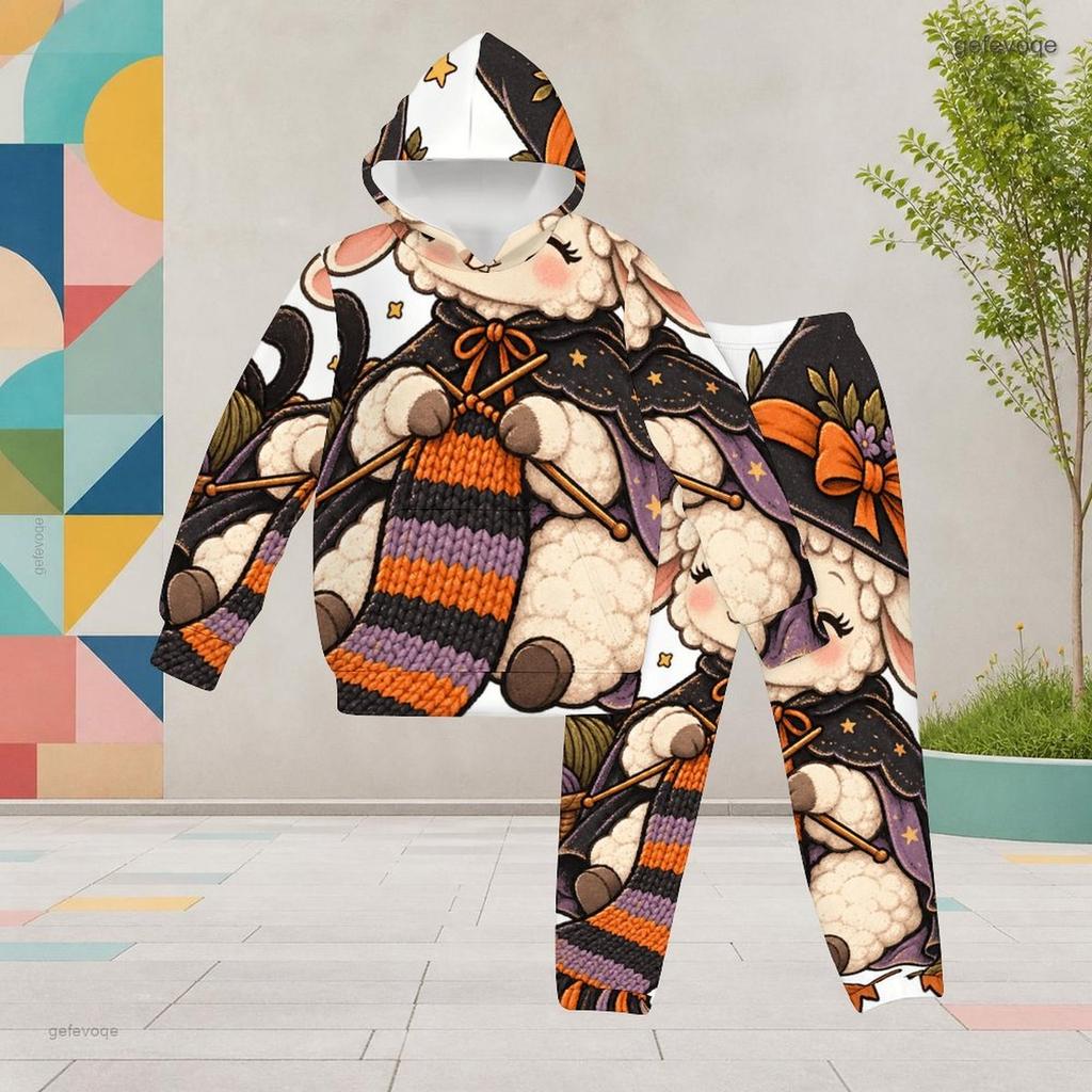 Girls Cute Lamb Printed Hooded Long Sleeve Two Piece Set Kangaroo Pocket Cuffed Pants Outfit
