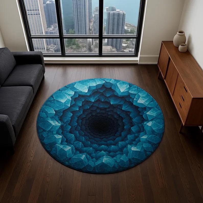 Crystal Cave Illusion Round Rug 3D Geometric Blue Crystal Design Trippy Modern Optical Art Carpet for Living Room Bedroom Mat