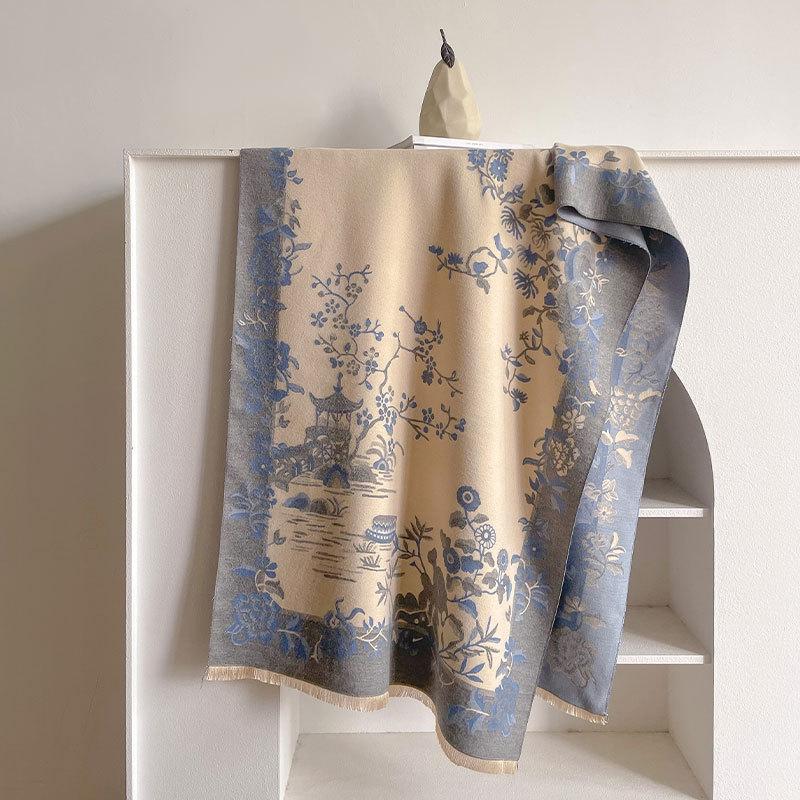 Imitation Cashmere Temperament Scarf Women'S Winter Shawl Thickened Double-Sided Dual-Purpose Long Flower