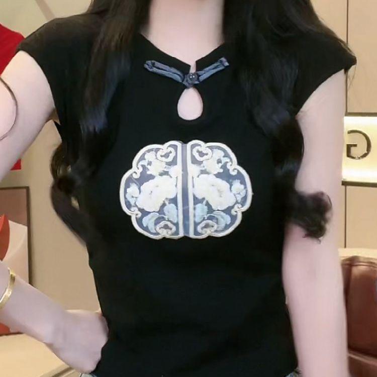 Plus Size Chinese Style Embroidered Women's Slimming Short Sleeve T-shirt