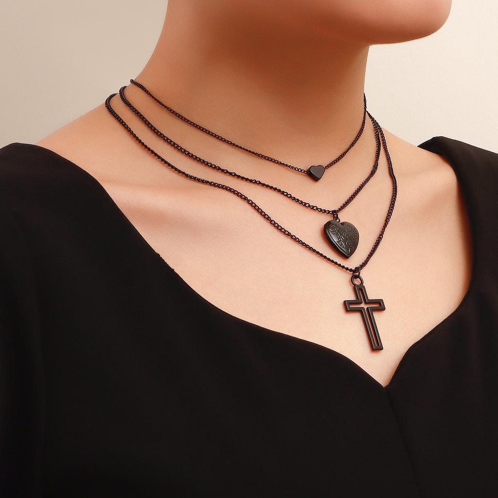 Cool Tide Multi-layer Swimming Black Chain Geometric Openable Lid Love Cross Pendant Necklace