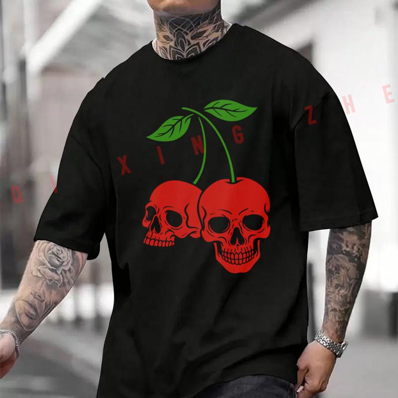 Skull Cherry Theme Design Motorcycle Men's Women Summer Cotton T-shirt Short Sleeved Casual Round Neck Breathable Unisex Tops