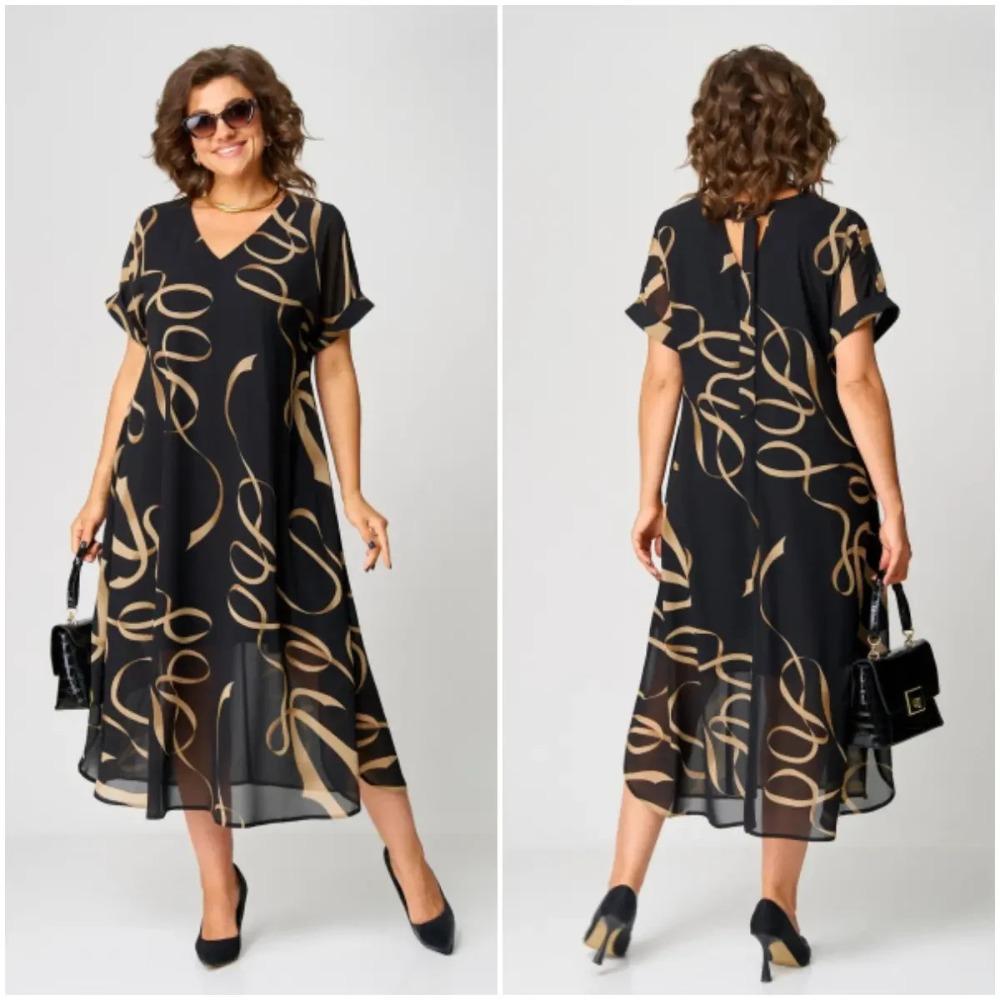 Women's V‑Neck Short Sleeve Abstract Line Print Loose Fit Chiffon Midi Dress