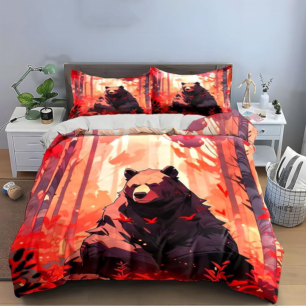 Forest Bear with Red Birds Bedding Duvet Cover Set Duvet Cover Pillowcases (1*Duvet Cover 2*Pillowcases, without duvet insert)