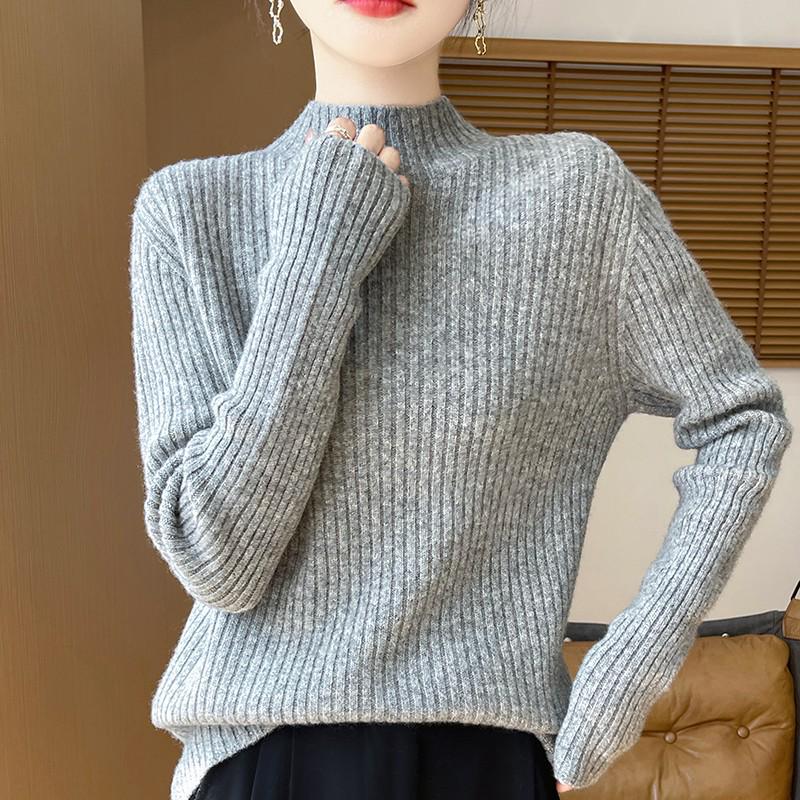 Women's Wool Ribbed Knit Sweater, Half-High Neck, Slimming Base Layer for 2024 Autumn/Winter.