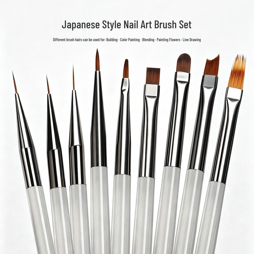 Japanese 9-Piece Nail Art Brush Set for Color, Liner, Blending, Flower, and Gradient Designs