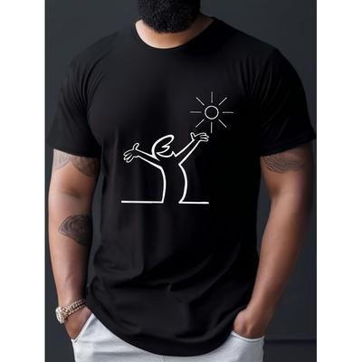 Men's Black & White Geometric Sun & Arms Print T-Shirt - 150gsm Heavyweight 100% Crew Neck Short Sleeve, Breathable Summer Casual Tee with Slight