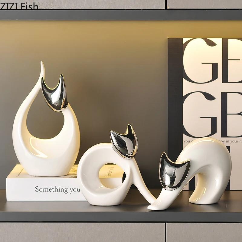 Abstrakte Kunstwerke Keramik Kätzchen Statue Weiße Tierornamente Schreibtischdekoration Porzellankatze Skulptur Raumästhetik Dekor