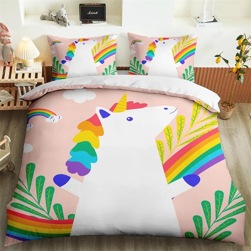 Kawaii Einhorn Buntes leuchtendes Einhorn-Kinderbettwäscheset für Mädchen Rosa Deluxe Bettbezug Bettwäscheset King Queen Bettbezug