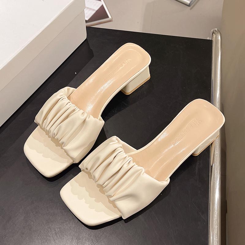 Flat Shoes Female Womens Slippers Outdoor Pantofle Low Big Size SlidesSummer Soft Fabric Hoof Heels Rubber Rome Pleated